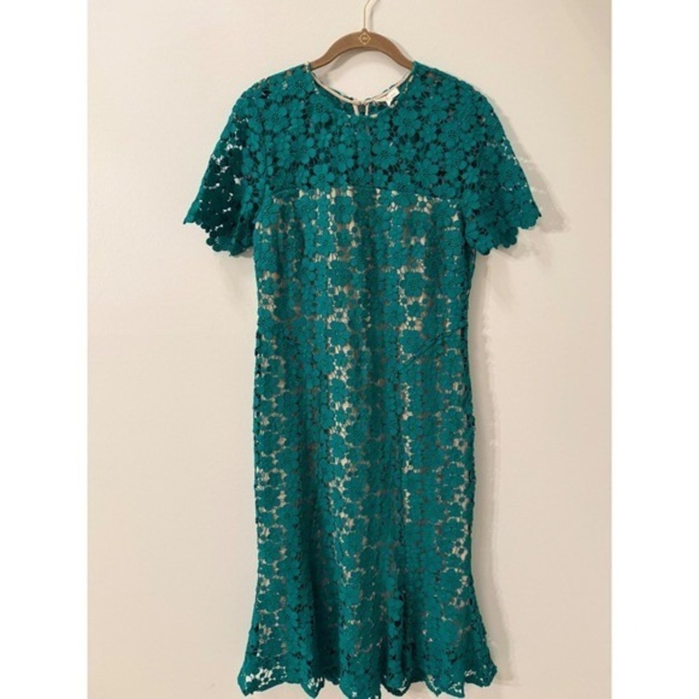 Shoshana x Anthropology Green Lace Midi Dress Fit Flare Short Sleeve Size 8